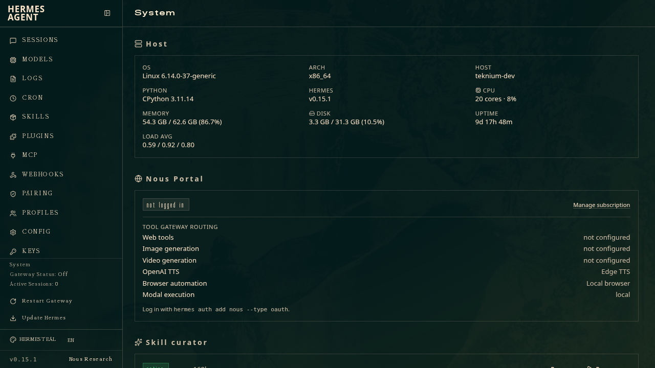 Official system page — host stats